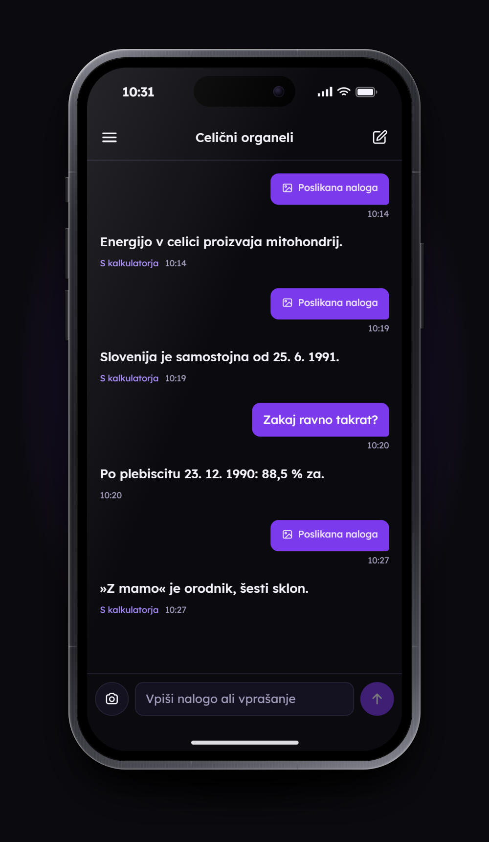 Mobilna aplikacija Ai Kalkulator s pogovorom: tri naloge, poslikane s kalkulatorjem, iz biologije, zgodovine in slovenščine, z odgovori s kalkulatorja.